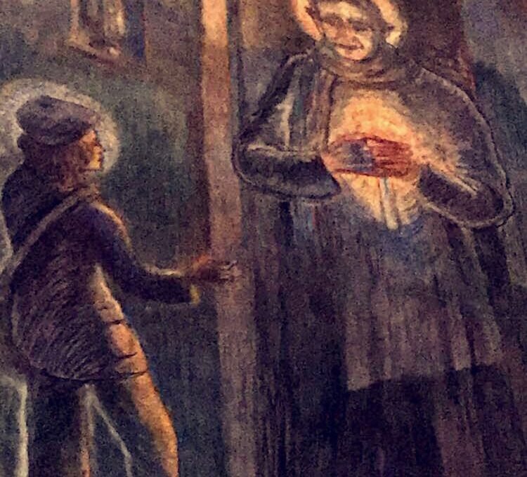 Don Bosco acoge con la luz del Evangelio un joven pobre.